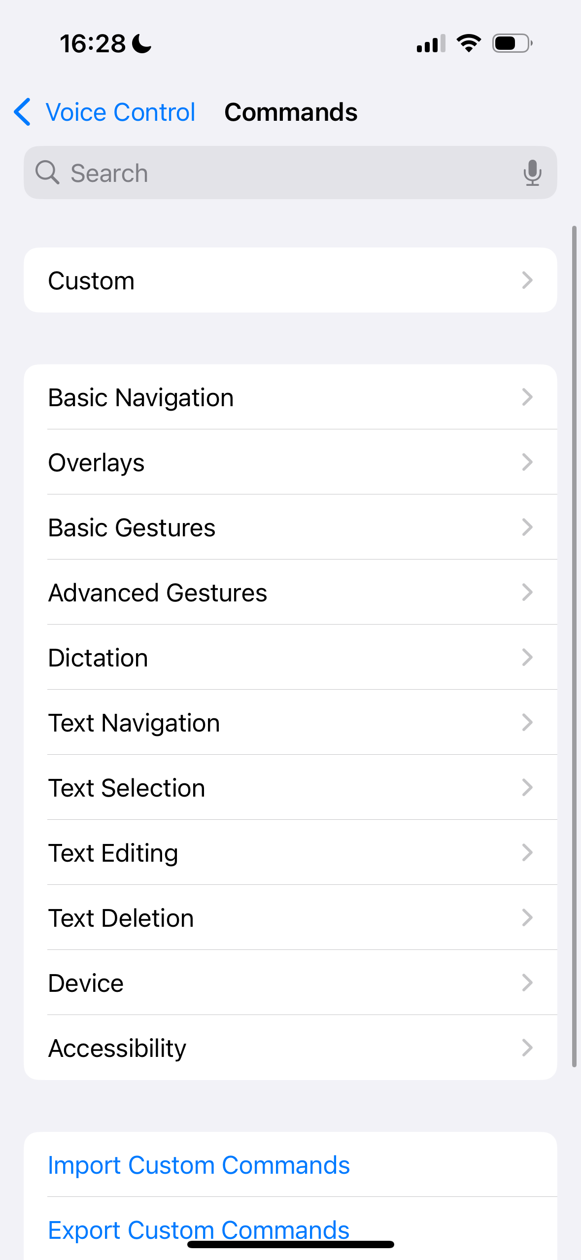 Voice Control Commands Menu